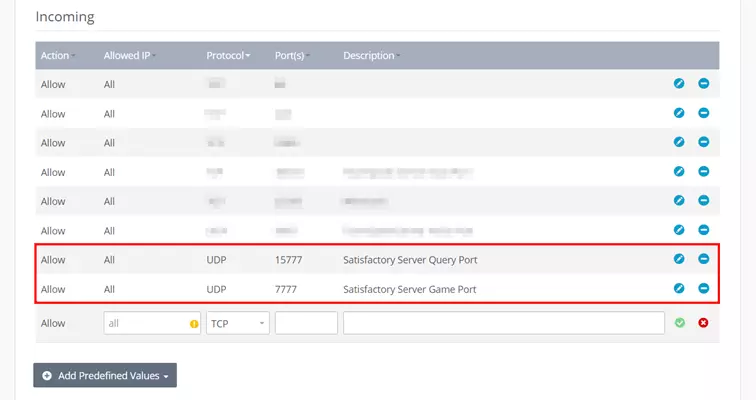 Allowing Satisfactory server ports in the IONOS Cloud Panel