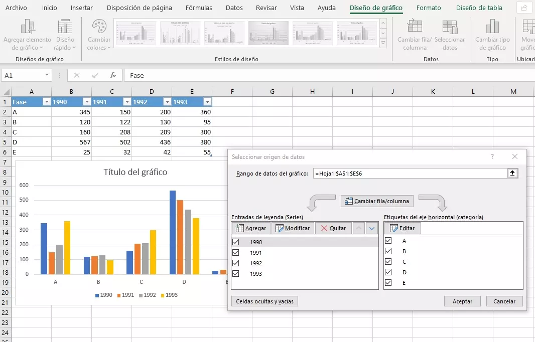 Menú para configurar el rango de datos del diagrama