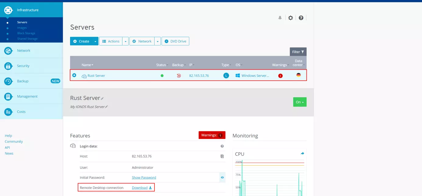 Cloud Panel de IONOS: datos e información de acceso al servidor Rust