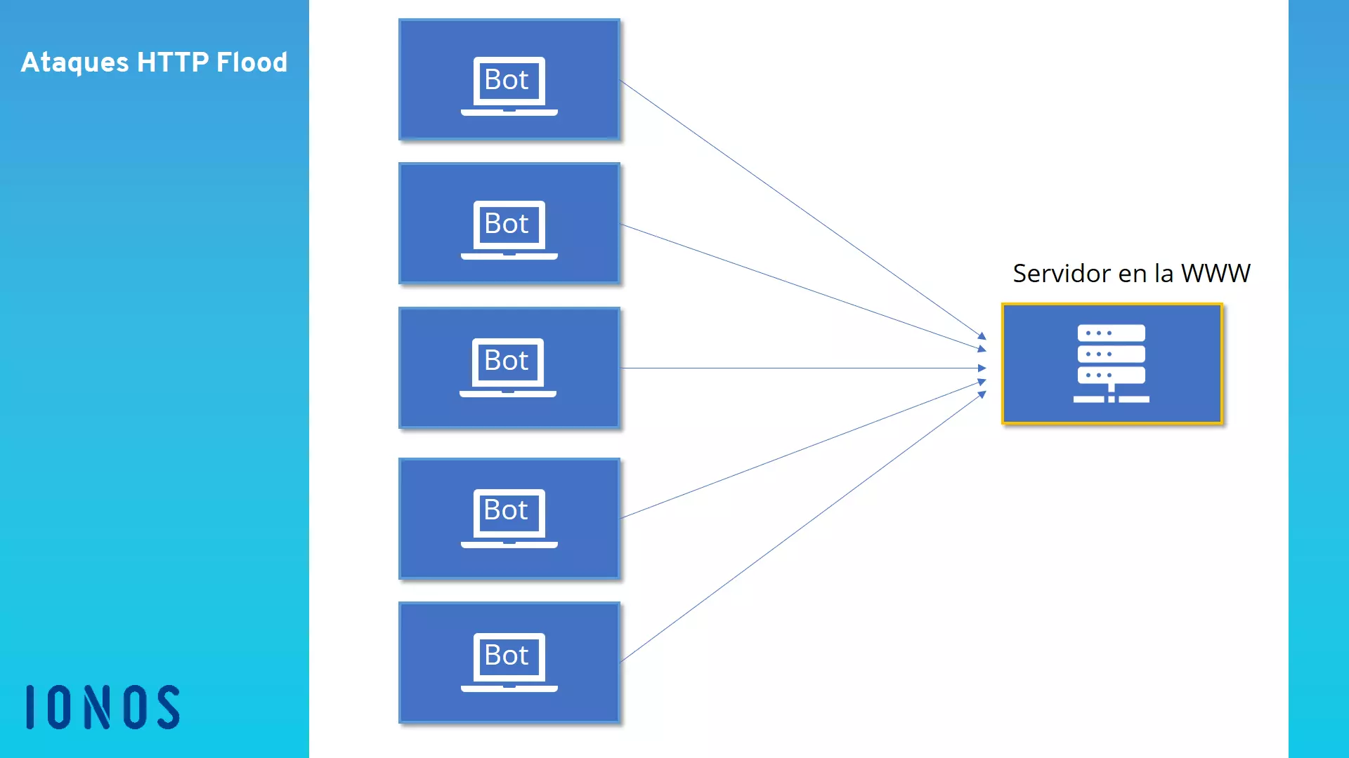 Esquema de un HTTP flood attack por parte de una botnet a un servidor.