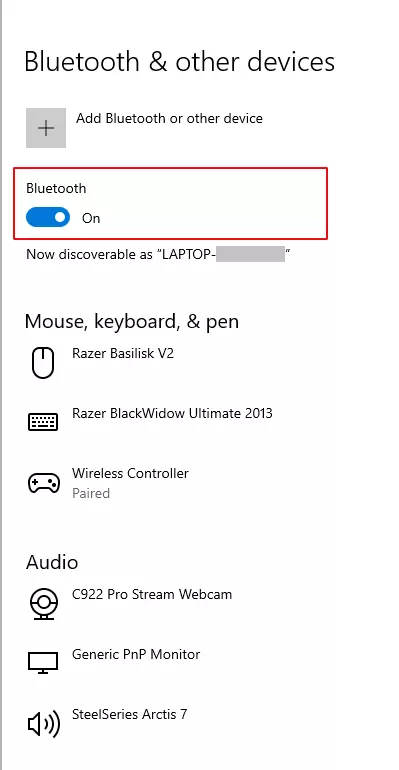 Captura de pantalla del administrador de dispositivos de la configuración de Bluetooth