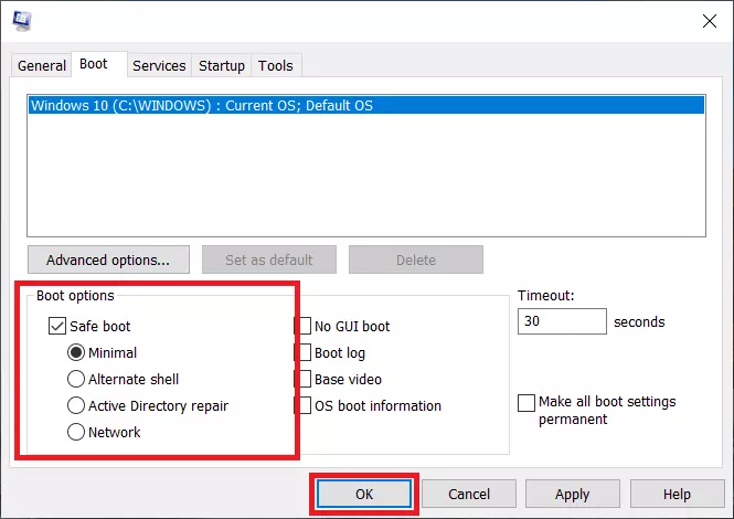 Captura de pantalla de configuración del sistema: opciones de arranque