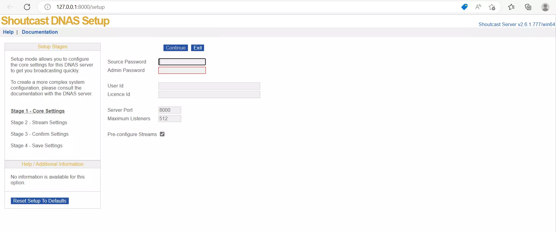 Captura de la configuración del DNAS de Shoutcast