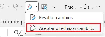 Menú “Aceptar o rechazar cambios” de Excel