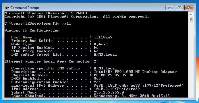 Comando "ipconfiq /all" en la línea de comandos