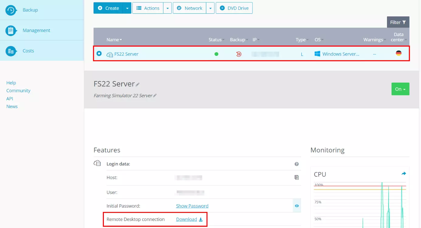 Acceso a los datos del servidor en el Cloud Panel de IONOS