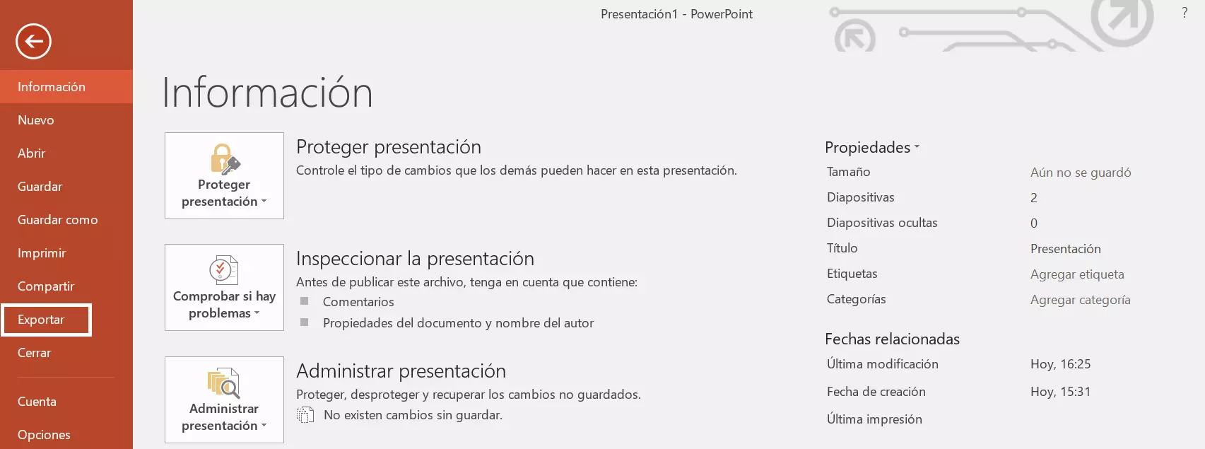 Menú principal de PowerPoint: opción de “Exportar”