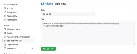 Clave SSH pública copiada en la página de configuración de GitHub