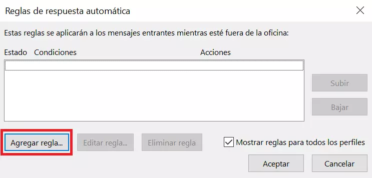 Ventana para establecer determinadas reglas para las respuestas automáticas de Outlook