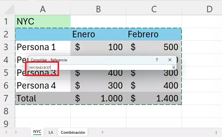 Selecciona el contenido para combinar de la primera tabla