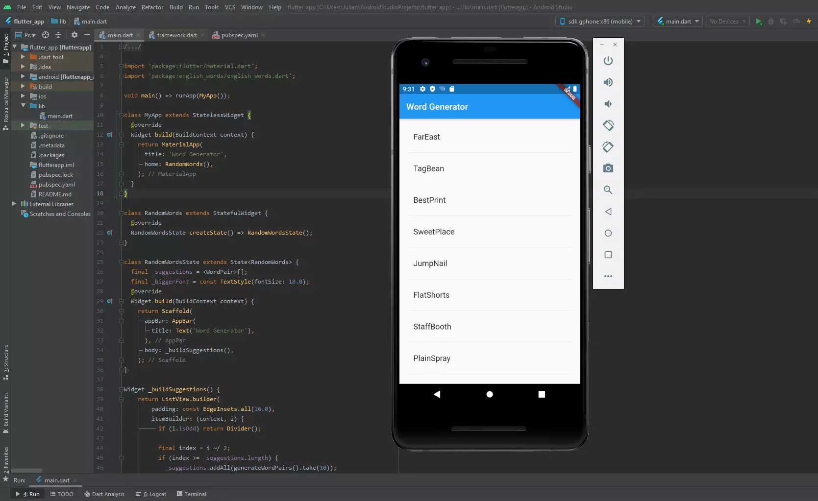 Android Studio y máquina virtual Android con la aplicación de ejemplo en Flutter