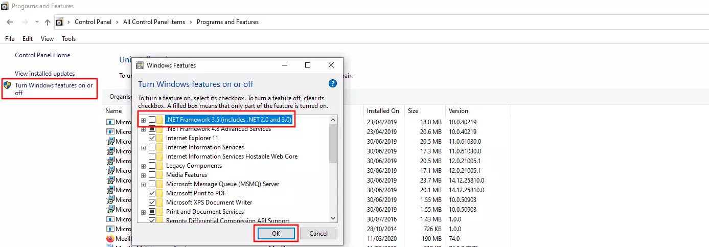 Características de Windows: desactivación de .NET Framework 3.5