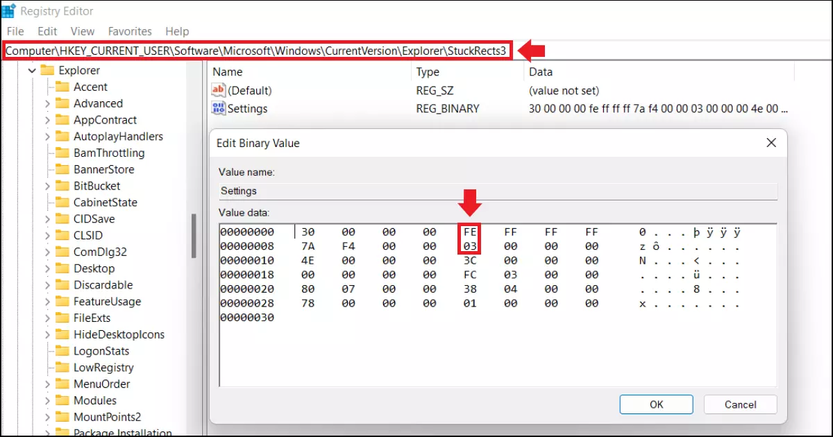 El submenú del registro “Configuración” para definir la posición de la barra de tareas