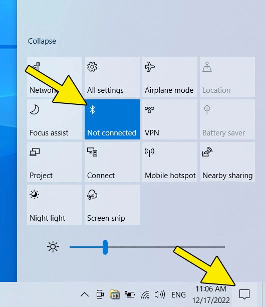 Captura de pantalla de Windows 10: globo de diálogo con la configuración rápida con el botón de Bluetooth