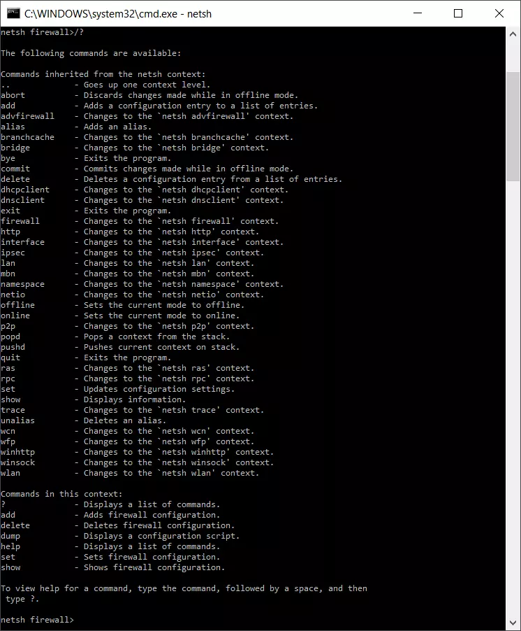 Comandos en el contexto Firewall de Netsh