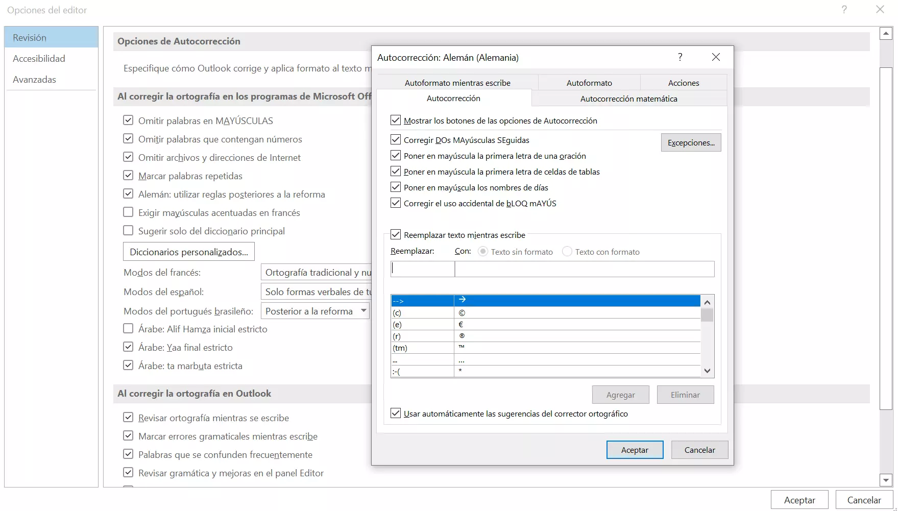 Outlook para Windows: opciones de autocorrección