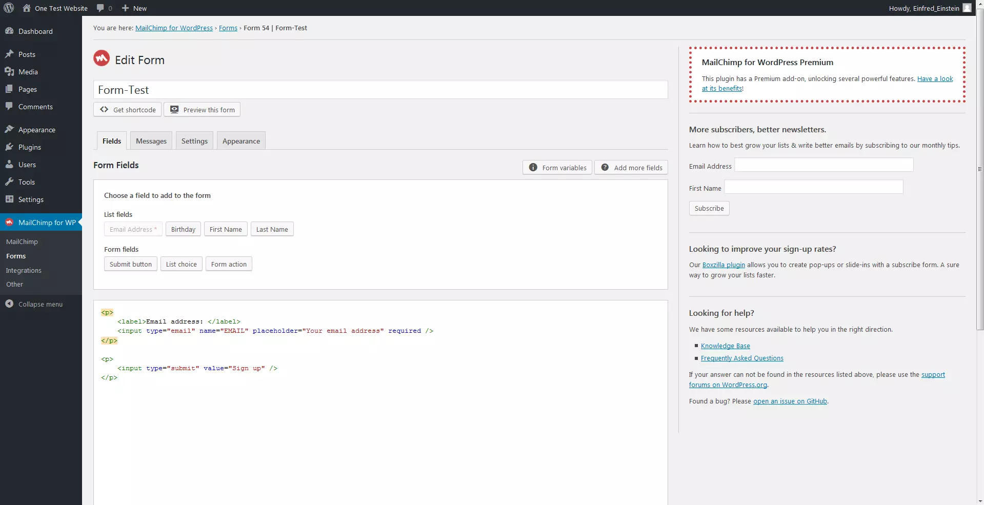 Página para crear formularios de suscripción en el plugin