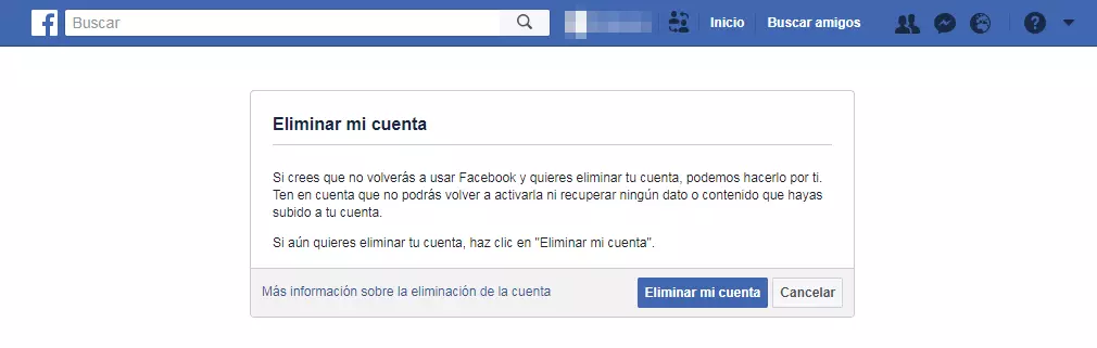 Captura de pantalla con la confirmación de Facebook sobre eliminar cuenta