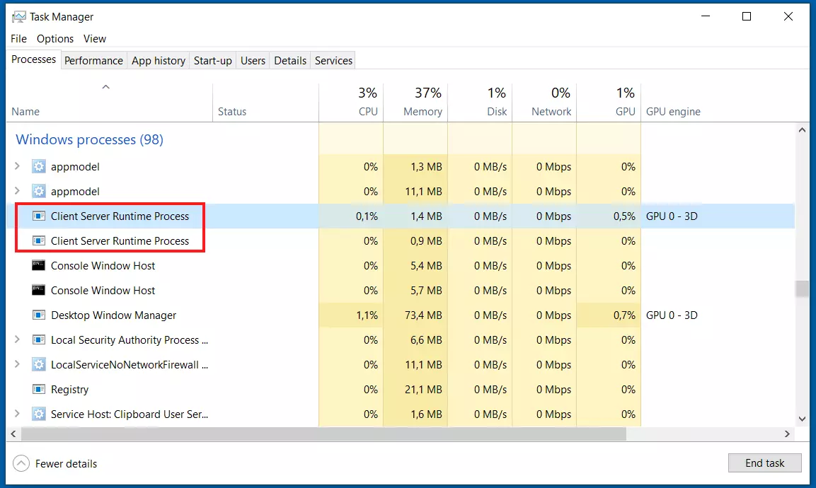 Administrador de tareas de Windows 10: Client Server Runtime Process (csrss.exe)