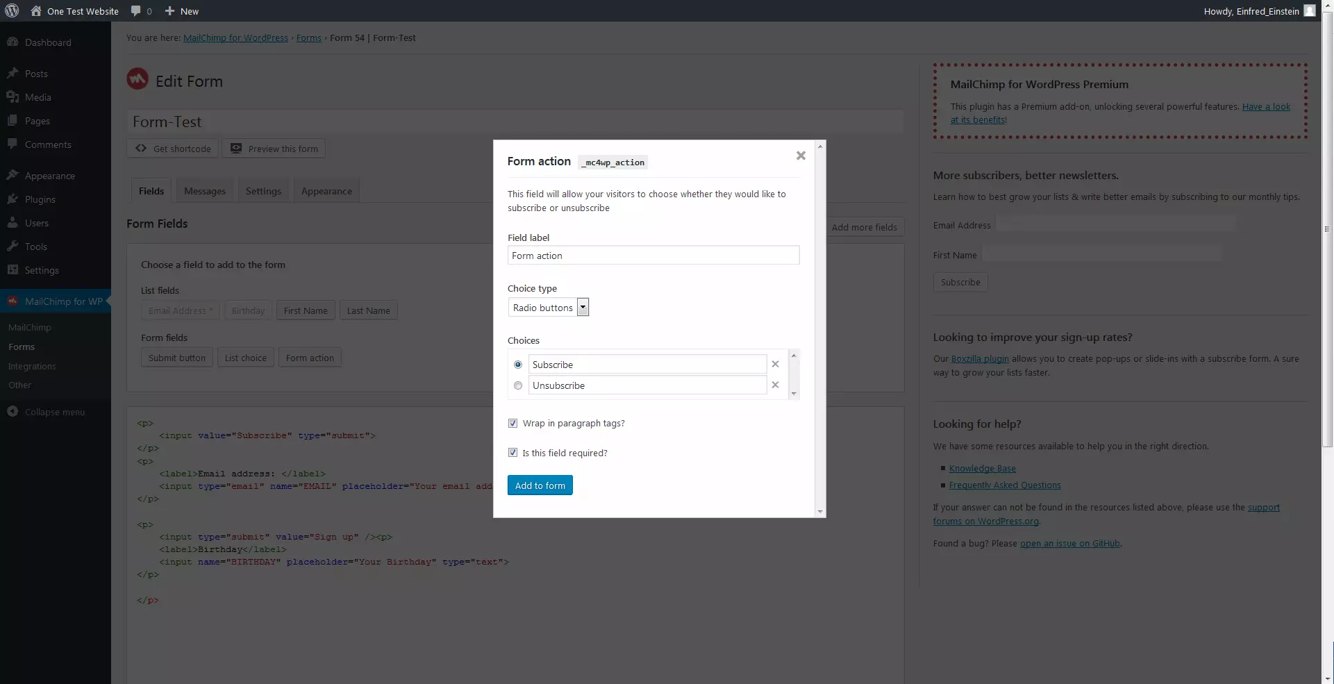 Configuración del campo “Form action” del formulario