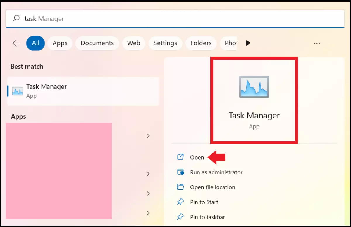 El programa Administrador de tareas o Task manager en la búsqueda de Windows