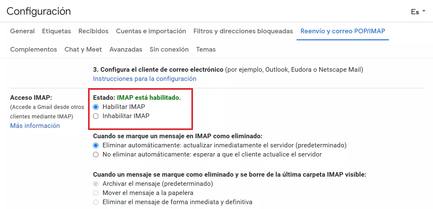 Cliente Gmail: habilitar IMAP