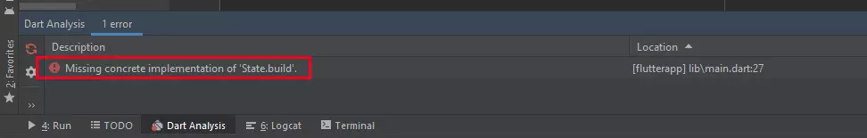 Análisis de errores de Dart para la aplicación de prueba en Android Studio