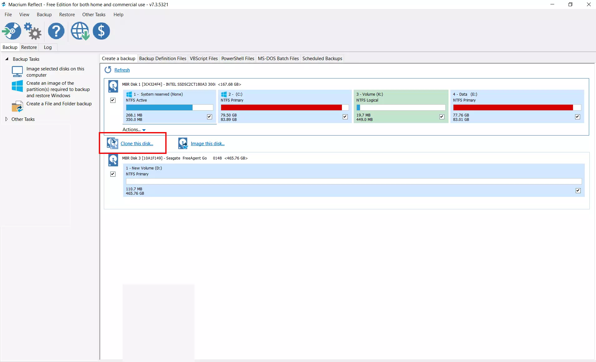 Macrium Reflect: pantalla de inicio