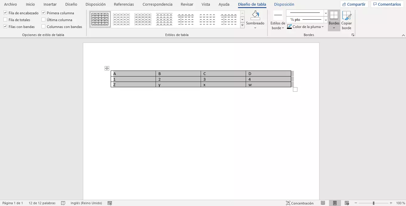 Selección de Herramientas de tabla en Word