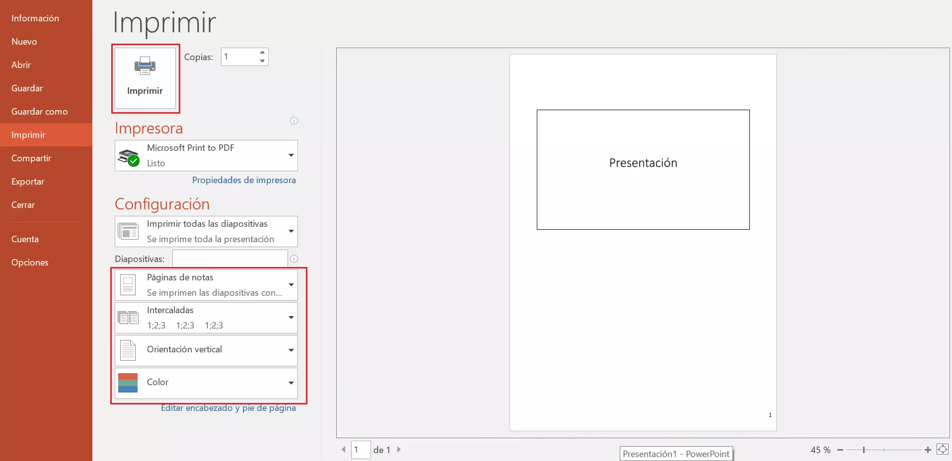 Imprimir presentación con notas en PowerPoint: configuración de impresión