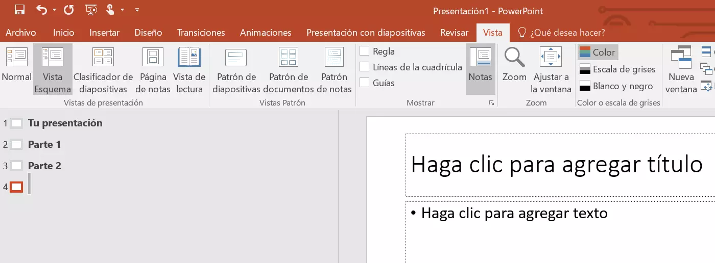 Tabla de contenido de PowerPoint: vista Esquema