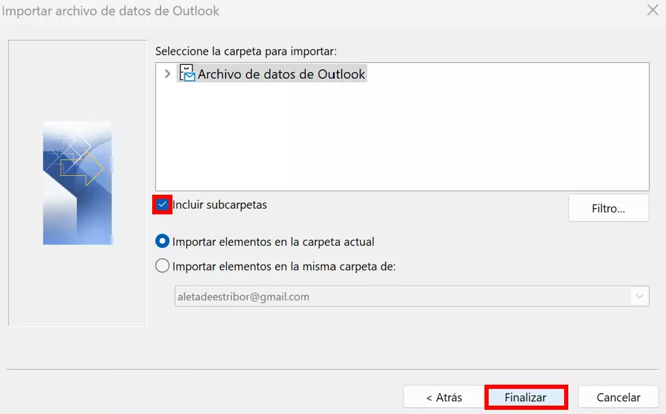 Asistente de importación y exportación de Outlook: selección de la carpeta a importar