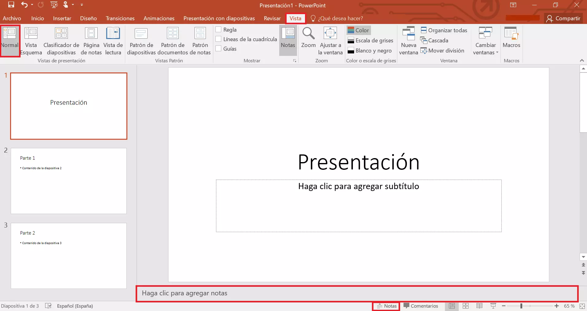 Notas del orador en PowerPoint: campo para introducir las notas.