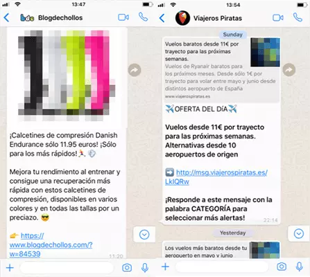 Ejemplos de newsletter de WhatsApp de dos empresas diferentes