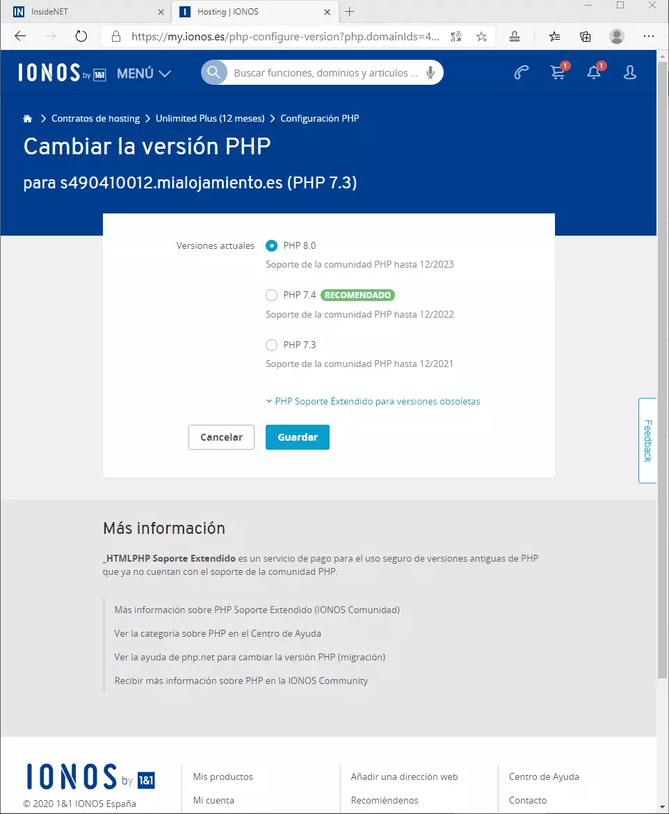 Probar PHP 8 en IONOS