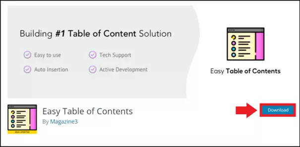 Página de descarga del plugin “Easy Table of Contents”