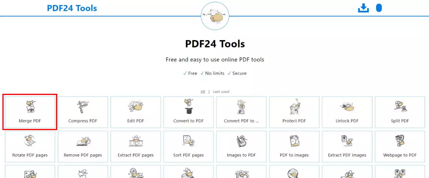 Vista de todas las funciones que ofrece PDF24 Tools