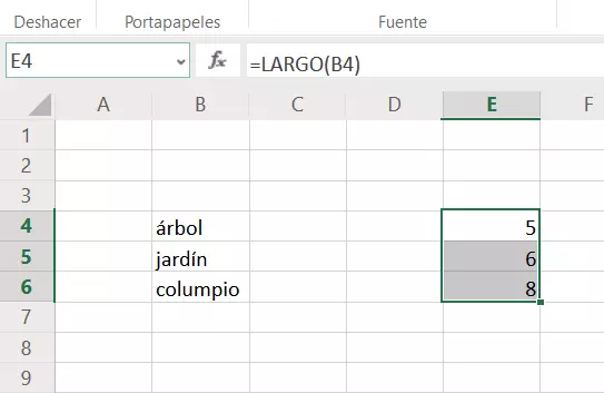 Excel: función LARGO aplicada a un rango de celdas 