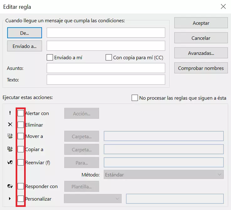 Ventana para editar las reglas de una respuesta automática de Outlook