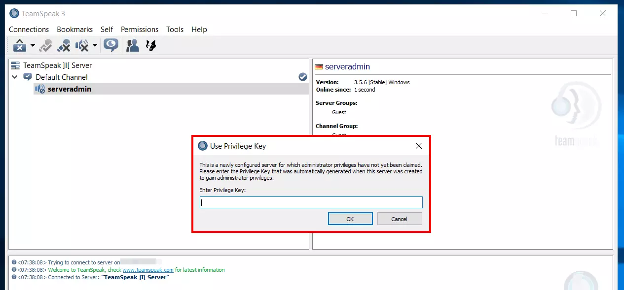 Servidor de TeamSpeak: utilizar la clave de privilegios