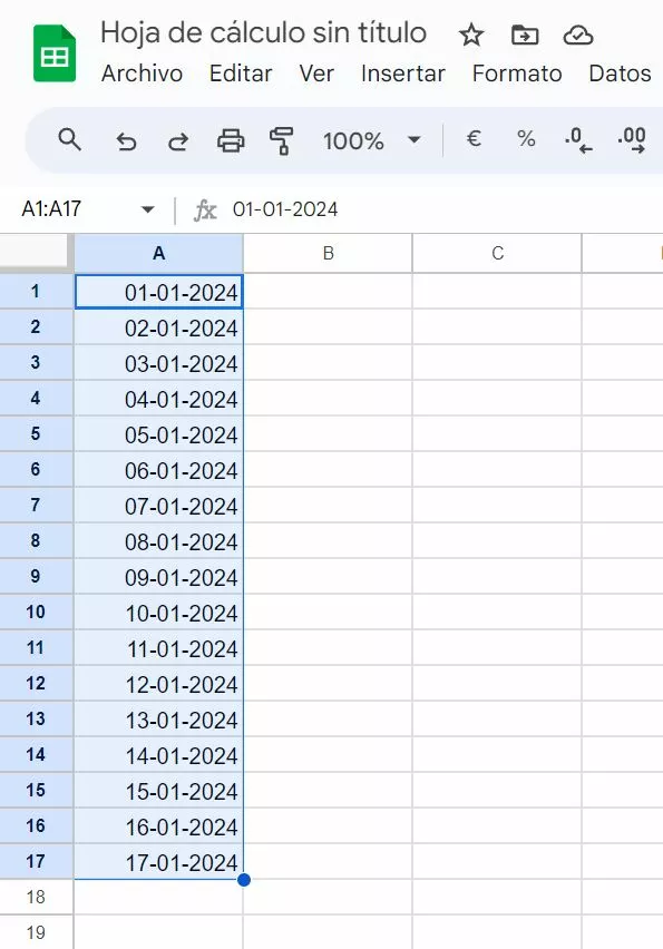 Captura de pantalla de Google Sheets una vez completados los datos