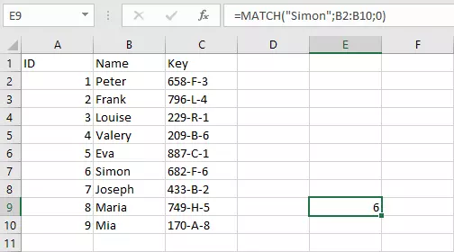 Ejemplo de la fórmula COINCIDIR de Excel