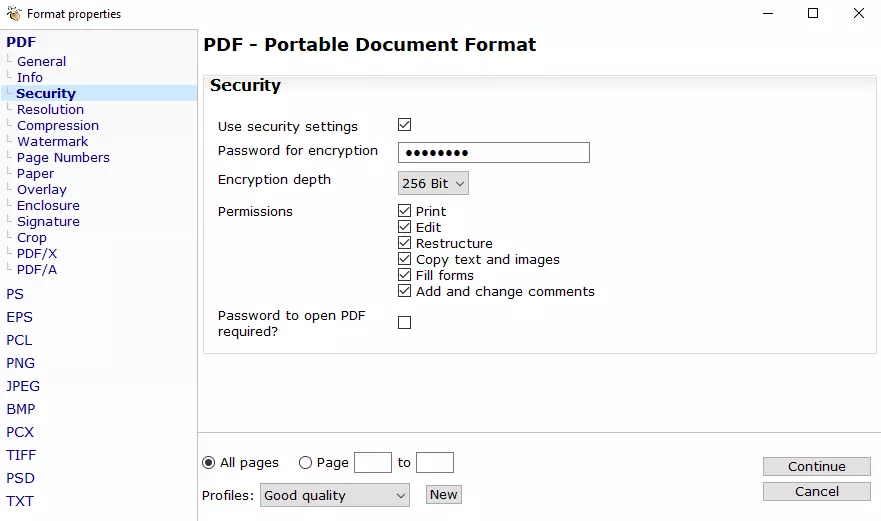 PDF24 Creator: menú “Seguridadˮ