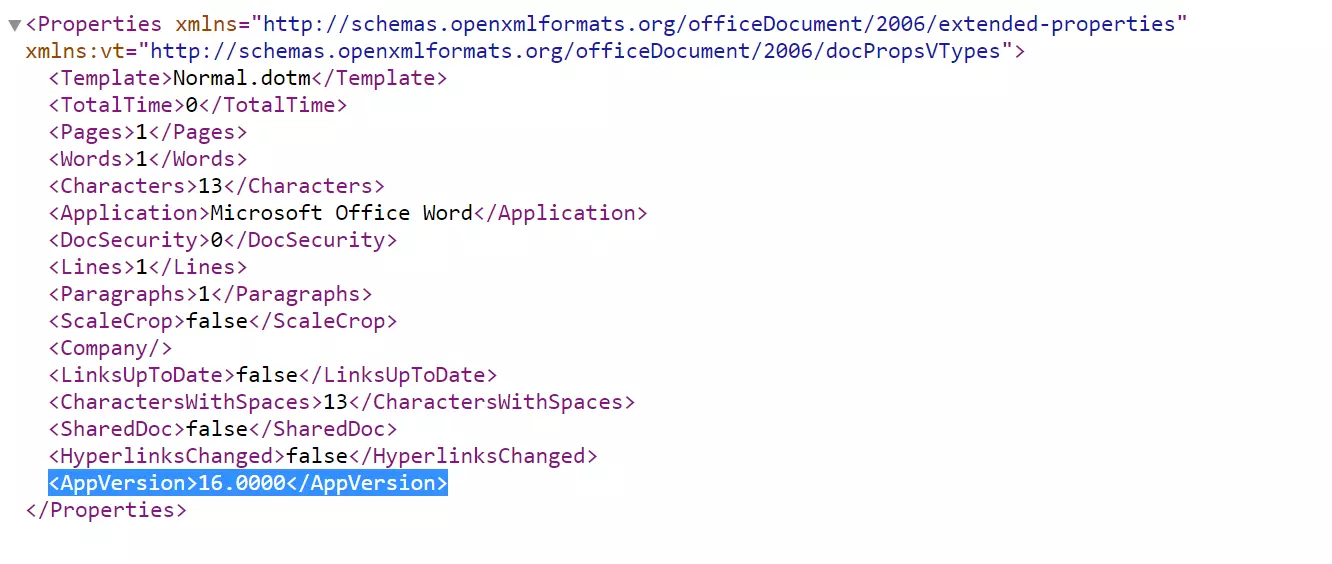 Número de versión de Office en el archivo app.xml