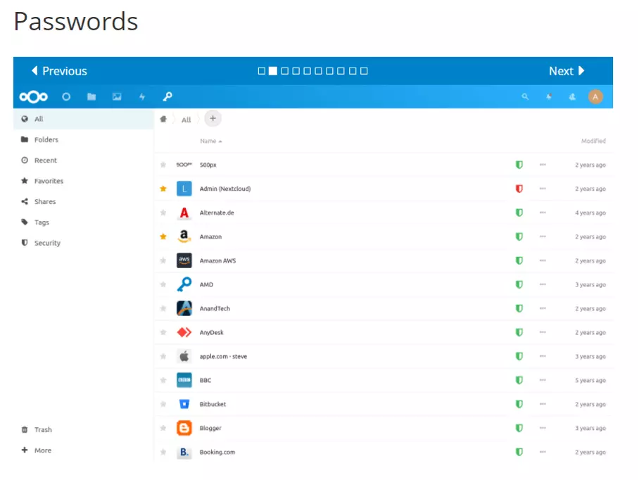 Captura de pantalla de Passwords en la página web de Nextcloud