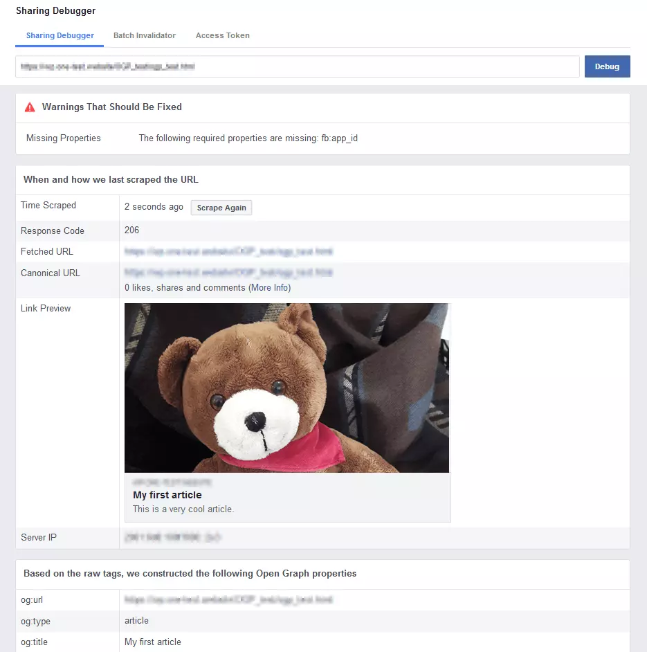 Herramienta Sharing Debugger de Facebook para revisar Open Graph