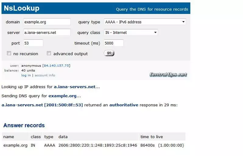 NsLookup en centralops.net