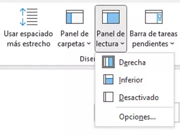 Botón Panel de lectura con opciones de configuración en la pestaña Vista