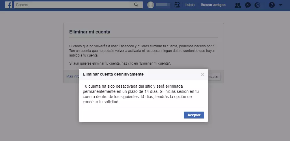 Captura de pantalla sobre las consecuencias de eliminar la cuenta de Facebook