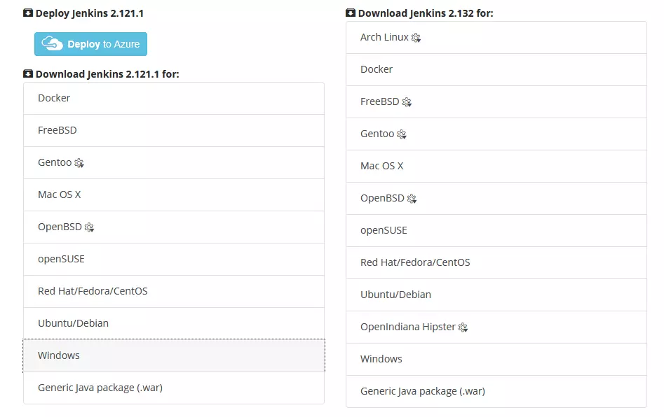 Vista general de las diferentes versiones disponibles para la instalación de Jenkins